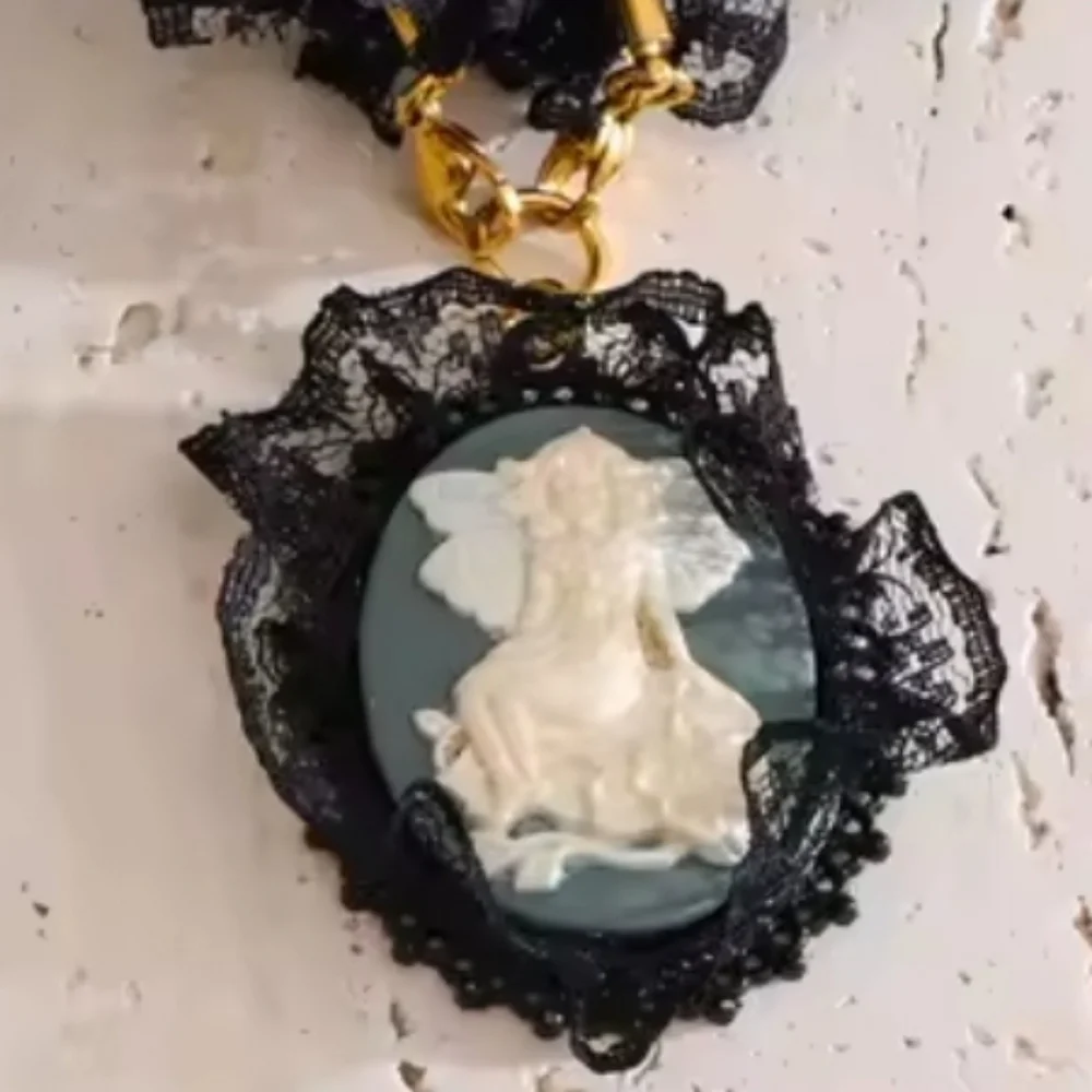 Victorian Angel Cameo Lace Necklace • Gold Plated •  NWOT - Picture 3 of 10